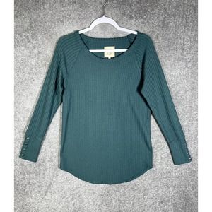 Chasor‎ Thermal Knit Button Cuff Pullover Top Womens Size Medium Teal Curved Hem